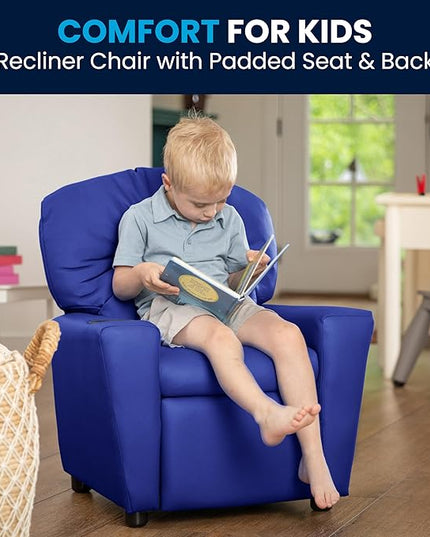 Flash Furniture Chandler Vinyl Kids Recliner with Cup Holder and Safety Recline, Contemporary Reclining Chair for Kids, Supports up to 90 lbs., Blue - LeafyLoom