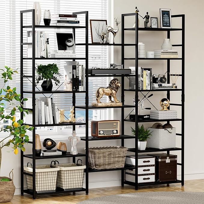 NUMENN Triple Wide 6 Tier Bookshelf, Rustic Industrial Style Bookcases and Bookshelves with 17 Open Display Shelves, Modern Tall Bookcase Furniture for Bedroom, Living Room and Home Office, Black - LeafyLoom
