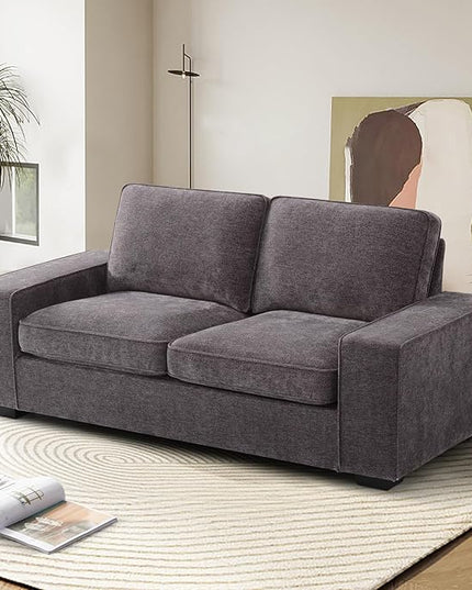 EASELAND 71" Loveseat, Small Chenille Loveseat for Small Spaces, 2-Seater Modern Deep Seat Couch with Removable Back and Cushions, Lounge Sofa for Bedroom with Wood Legs and Fluffy Armrest(Dark Grey) - LeafyLoom