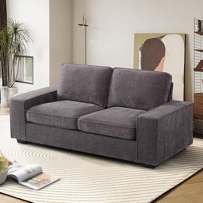 EASELAND 71" Loveseat, Small Chenille Loveseat for Small Spaces, 2-Seater Modern Deep Seat Couch with Removable Back and Cushions, Lounge Sofa for Bedroom with Wood Legs and Fluffy Armrest(Dark Grey) - LeafyLoom