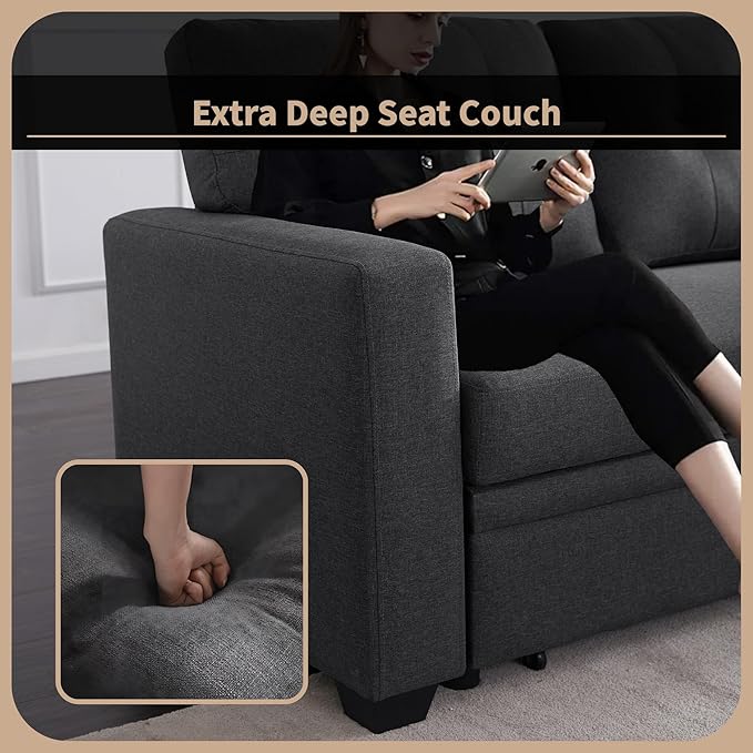 4-in-1 Convertible Pull Out Modular Sectional Sofa Bed for Living Room Furniture Sets, L Shaped Comfy Couch with Reversible Storage Chaise Upholstered for Apartment, Studio, Office, Dark Gray-2 - LeafyLoom