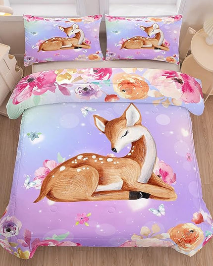 NINENINE Deer Bedding Kawaii Deer Comforter Sets for Girls Kids,Cute Deer Bedding Queen Size Comforter sets for Girls,Watercolor Wildlife Bedding Set with 1 Comforter 2 Pillowcases… - LeafyLoom