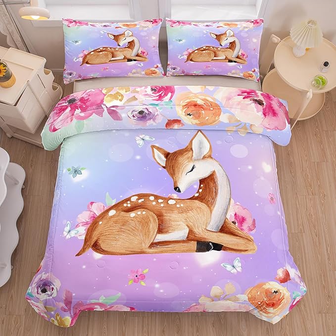 NINENINE Deer Bedding Kawaii Deer Comforter Sets for Girls Kids,Cute Deer Bedding Queen Size Comforter sets for Girls,Watercolor Wildlife Bedding Set with 1 Comforter 2 Pillowcases… - LeafyLoom