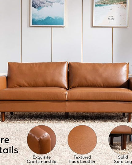 Dreamsir 80'' Faux Leather Sofa Couch, Mid-Century Modern Sofa with Solid Wooden Frame & Padded Cushions, 3-Seater Couch for Living Room, Apartment, Lounge Room (Brown) - LeafyLoom