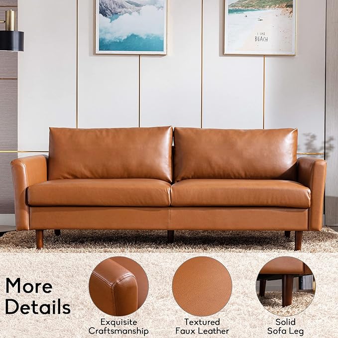 Dreamsir 80'' Faux Leather Sofa Couch, Mid-Century Modern Sofa with Solid Wooden Frame & Padded Cushions, 3-Seater Couch for Living Room, Apartment, Lounge Room (Brown) - LeafyLoom