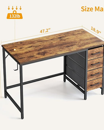 CubiCubi 47 Inch Computer Desk with 4 Drawers, Home Office Small Desk with Storage, Modern Study Writing Desk, Rustic Brown - LeafyLoom