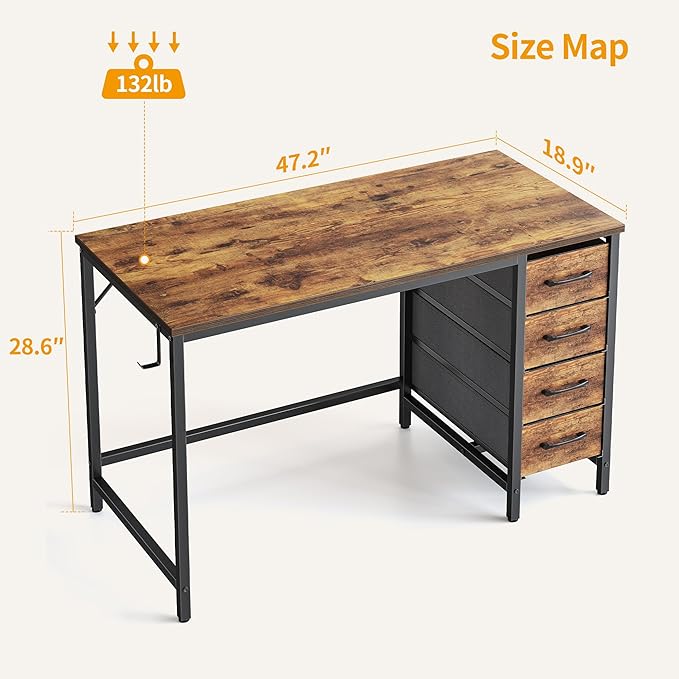 CubiCubi 47 Inch Computer Desk with 4 Drawers, Home Office Small Desk with Storage, Modern Study Writing Desk, Rustic Brown - LeafyLoom