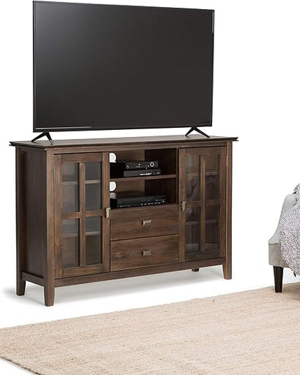 SIMPLIHOME Artisan SOLID WOOD 53 Inch Wide Transitional TV Media Stand in Natural Aged Brown for TVs up to 60 Inches, For the Living Room and Entertainment Center - LeafyLoom