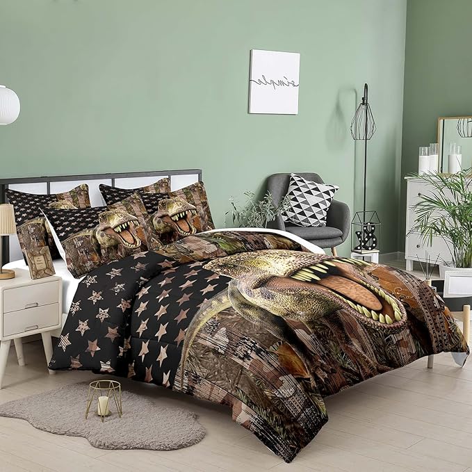 Tailor Shop Dinosaur Boys Comforter Sets Queen Size,Dinosaur Bedding Sets for Kids Teens,Camo Comforter Sets American Flag Comforter Sets with 1 Comforter 2 Pillowcase… - LeafyLoom