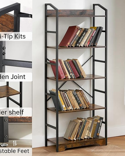Vagusicc 5 Tier Bookshelf with 2 Storage Baskets, Tall Bookcase Shelf Storage Organizer Wood Book Shelf, Modern Shelf Rack Shelves with Steel Frame, Multipurpose Bookshelf for Bedroom Living Room - LeafyLoom