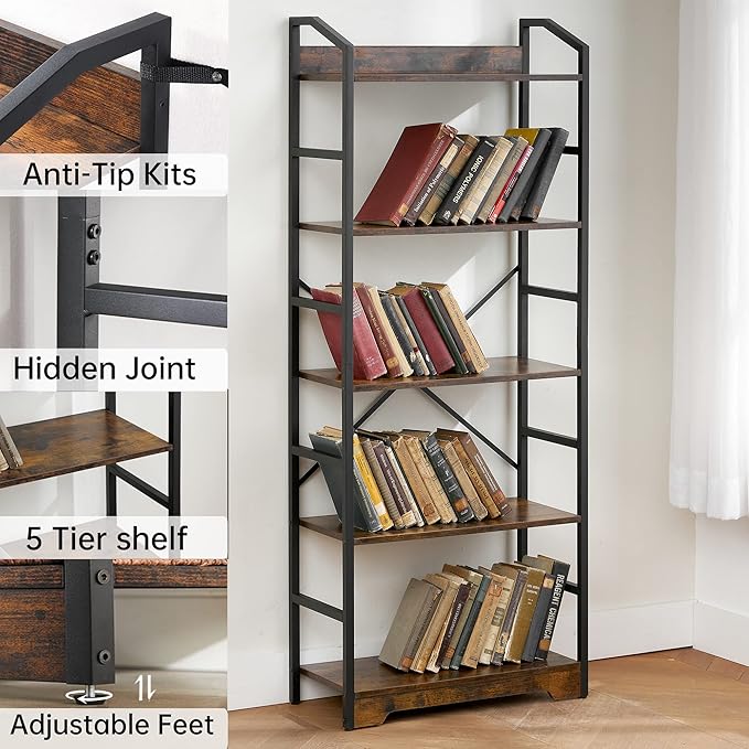 Vagusicc 5 Tier Bookshelf with 2 Storage Baskets, Tall Bookcase Shelf Storage Organizer Wood Book Shelf, Modern Shelf Rack Shelves with Steel Frame, Multipurpose Bookshelf for Bedroom Living Room - LeafyLoom