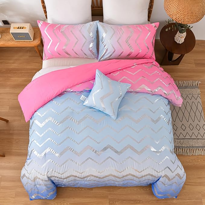 Girls Comforter Set Twin Size Ombre Pink Purple Bedding Rainbow Comforter for Kids Teen Women,3 Pieces (1 Comforter,1 Pillowcase,1 Decorative Pillow Sham) - LeafyLoom
