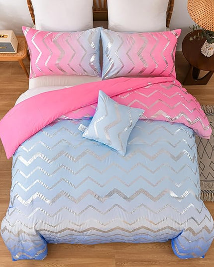 Girls Comforter Set Queen Size Ombre Pink Purple Bedding Colorful Rainbow Comforter for Kids Teen Women,4 Pieces (1 Comforter,2 Pillowcase,1 Decorative Pillow Sham) - LeafyLoom