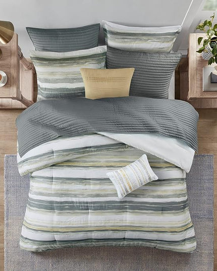 Madison Park Marina Comforter Quilt Combo Set - Modern Luxury Design, All Season Down Alternative Bedding, Matching Shams, Decorative Pillows, King/Cal King(104"x92"), Yellow 8 Piece - LeafyLoom