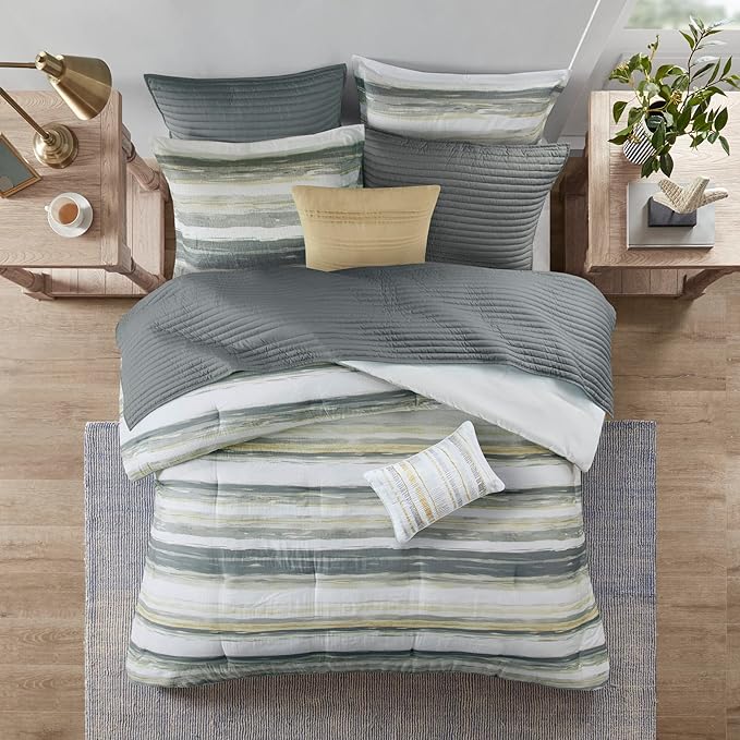 Madison Park Marina Comforter Quilt Combo Set - Modern Luxury Design, All Season Down Alternative Bedding, Matching Shams, Decorative Pillows, Full/Queen(90"x90"), Yellow 8 Piece - LeafyLoom