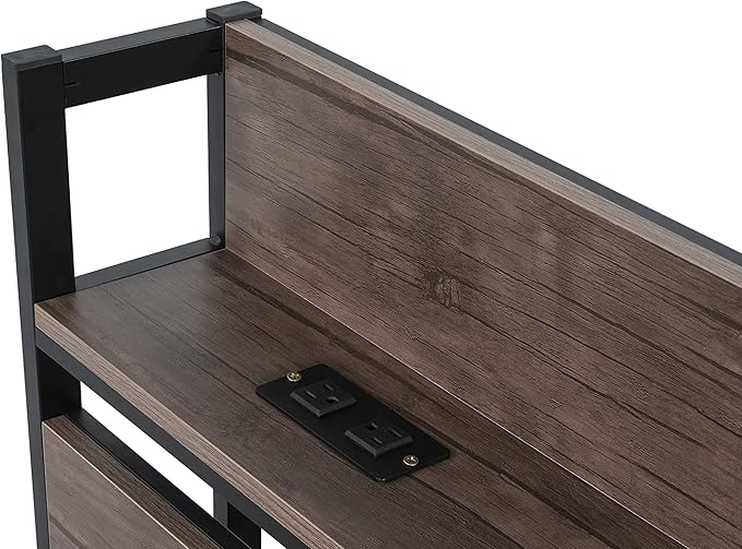 Queen Size Metal Platform Bed Frame with Wooden Headboard,Built-in Socket, Fast Assemble Design,No Box Spring Needed,Bedroom Furniture,Black - LeafyLoom
