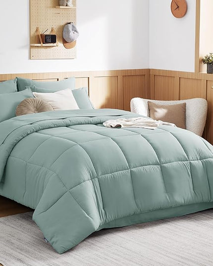 Bedsure Sage Green Twin Comforter Set - 5 Pieces Solid Twin Bed in a Bag, Twin Bed Set Sage Green with Quilted Warm Fluffy Comforters, Sheets, Pillowcase & Sham - LeafyLoom