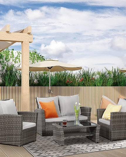 Solaste 4 Piece Patio Outdoor Furniture Sets,Patio Conversation Sofa Wicker Chair with Cushion,Hand Woven Rattan Sofa for Porch Backyard Outside Garden Lawn Yard,Grey - LeafyLoom