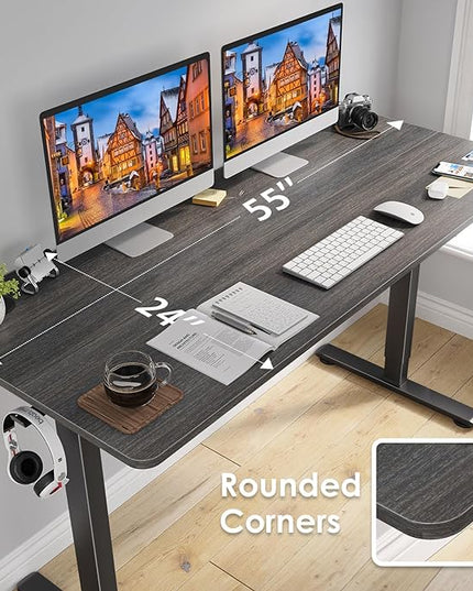 STARY Electric Adjustable Height Sit Stand Home Office Desk with Splice Board, 55x24, Abner Walnut Desktop/Black Frame - LeafyLoom