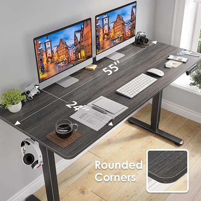 STARY Electric Adjustable Height Sit Stand Home Office Desk with Splice Board, 55x24, Abner Walnut Desktop/Black Frame - LeafyLoom