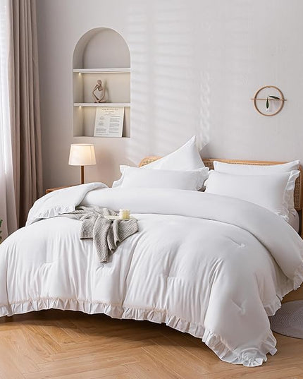 JANZAA California King Comforter Set White Comforter Ruffle 3PCS Soft Fluffy Boho Comforter Vintage Farmhouse Bed Comforter Set Shabby Chic Bedding with 2 Pillowcases for All Season - LeafyLoom