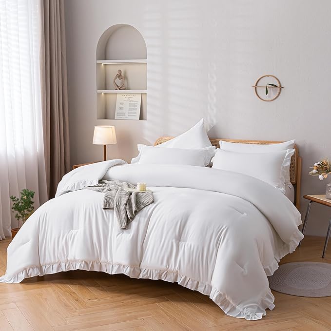 JANZAA California King Comforter Set White Comforter Ruffle 3PCS Soft Fluffy Boho Comforter Vintage Farmhouse Bed Comforter Set Shabby Chic Bedding with 2 Pillowcases for All Season - LeafyLoom