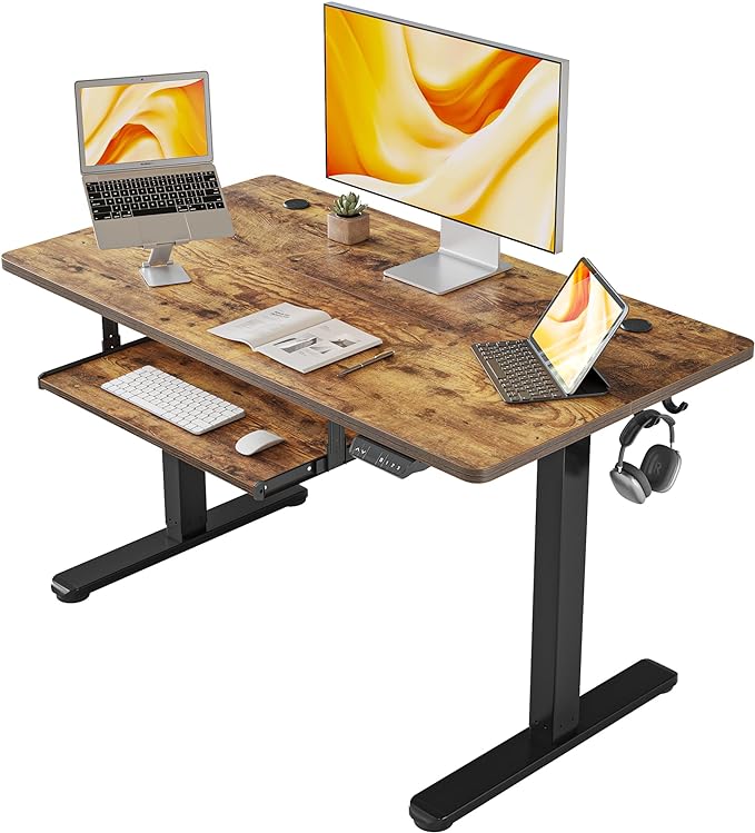 FEZIBO Standing Desk with Keyboard Tray, 40 × 24 Inches Electric Height Adjustable Desk, Sit Stand Up Desk, Computer Office Desk, Rustic Brown - LeafyLoom