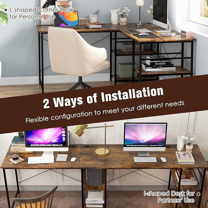 L-Shaped Home Office Desk, Corner Computer Desk w/Monitor Stand, Reversible PC Desk w/Heavy-Duty Metal Frame, Long Office Desk for 2 Person, Space-Saving Design (Rustic Brown) - LeafyLoom