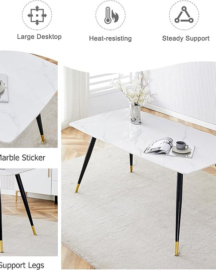 NicBex 62.2Inch Rectangular Dining Table,Modern Kitchen Table with Imitation Marble Tabletop and Black Metal Legs for 6 to 8,Large Dining Room Table for Kitchen,Meeting Living Room,Black+Gold - LeafyLoom