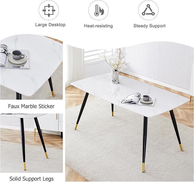 NicBex 62.2Inch Rectangular Dining Table,Modern Kitchen Table with Imitation Marble Tabletop and Black Metal Legs for 6 to 8,Large Dining Room Table for Kitchen,Meeting Living Room,Black+Gold - LeafyLoom