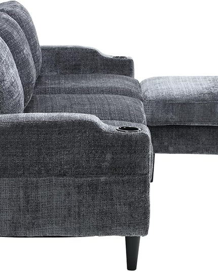 Convertible Sectional Sofa with Movable Storage Ottoman and Cupholders, 3 Seater L-Shaped Corner Couch,Chenille Upholstered Furniture w/Detachable Thicked Cushions for Living Room, Small Space - LeafyLoom