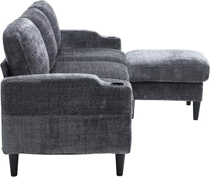 Convertible Sectional Sofa with Movable Storage Ottoman and Cupholders, 3 Seater L-Shaped Corner Couch,Chenille Upholstered Furniture w/Detachable Thicked Cushions for Living Room, Small Space - LeafyLoom