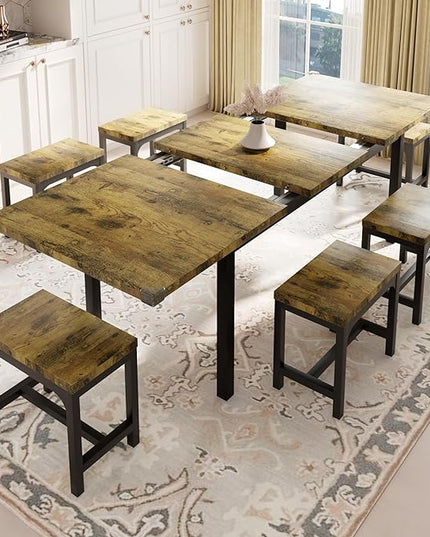 Feonase 7-Piece Dining Table Set with 6 Stools, 63" Large Extendable Kitchen Table Set for 4-8, Mid-Century Dining Room Table with Heavy-Duty Frame, Easy Assembly, Rustic Brown - LeafyLoom