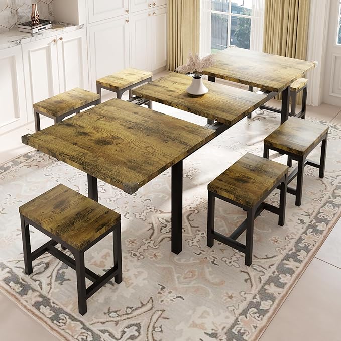 Feonase 7-Piece Dining Table Set with 6 Stools, 63" Large Extendable Kitchen Table Set for 4-8, Mid-Century Dining Room Table with Heavy-Duty Frame, Easy Assembly, Rustic Brown - LeafyLoom