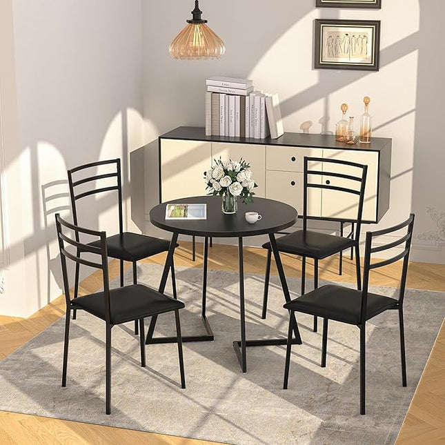 VECELO Round Dining Table with Steel Frame for 2-4 People, Space Saving for Home, Kitchen, Apartment, Wood-grain Black - LeafyLoom