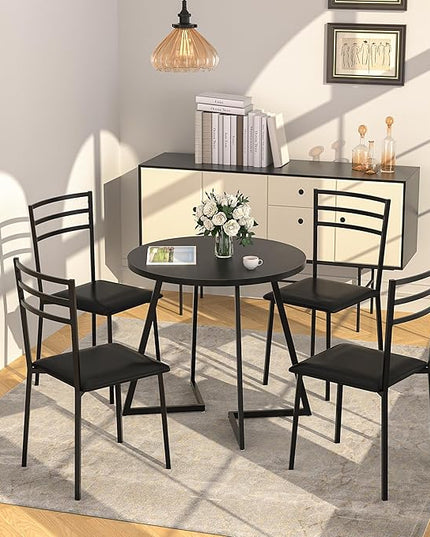 VECELO Round Dining Table with Steel Frame for 2-4 People, Space Saving for Home, Kitchen, Apartment, Black - LeafyLoom