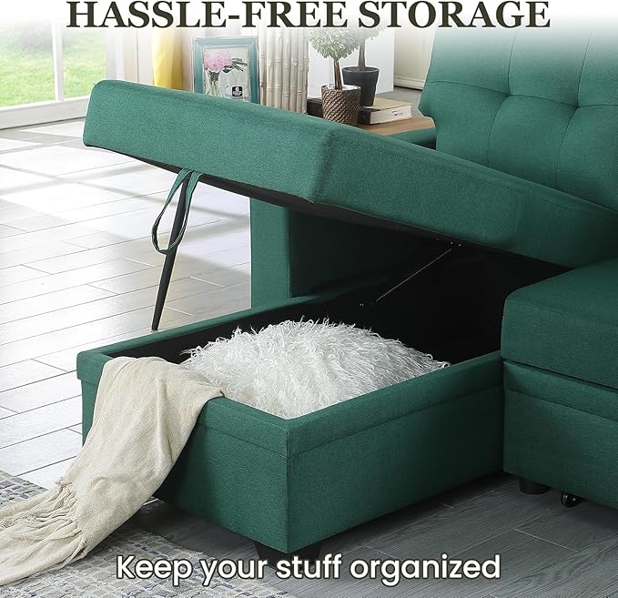 L Shape Sleeper Sofa Bed with Storage, Large Full Size Pull Out Sectional Couch, Futon Chaise Lounge Recliner for Living Room, Apartment, Bedroom, Office, Green - LeafyLoom