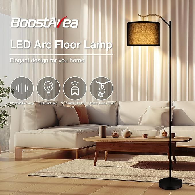 BoostArea Floor Lamp for Living Room,Arc Floor Lamp with Remote Control,Stepless Dimmable Brightness & Colors Temperature 2700k-6500k,Modern Standing Lamp for Bedroom Study Room Office,Black - LeafyLoom
