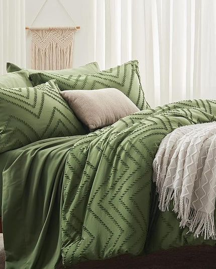 Anluoer Queen Comforter Set, Olive Green Tufted Bed in a Bag 7 Pieces with comforters and sheets, All Season Bedding Sets with 1 Comforter, 2 PillowShams, 2 Pillowcases, 1 Flat Sheet, 1 Fitted Sheet - LeafyLoom