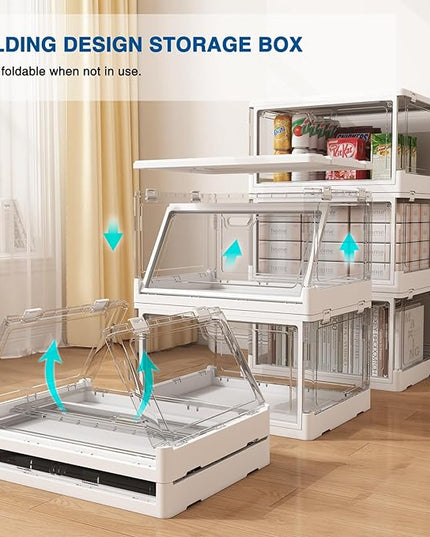 3-Pack Clear Stackable Storage Bins with Lids Magnetic Doors Open Front Foldable Folding Plastic Craft Containers Large Closet Organizers Box for Bedrooms Living Rooms Study Kids' Toys 24 QT - LeafyLoom