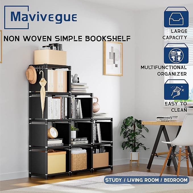 Mavivegue Book Shelf, 9 Cube Storage Organizer, DIY Bookcase, Metal Cube Bookshelf, Tall Book case for Bedroom, Living Room,Office, Closet Storage Organizer, Black Cubicle Storage Rack - LeafyLoom