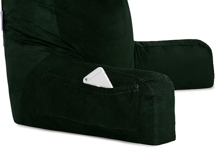 Husband Pillow XXL Aspen Edition, Adult Reading Sit Up Bed Rest Pillow for Bed with Arms & Neck Roll on Bungee Cord - Premium Memory Foam, Reversible 2 Sided Cover Micro Suede or Plush, Ramona Green - LeafyLoom
