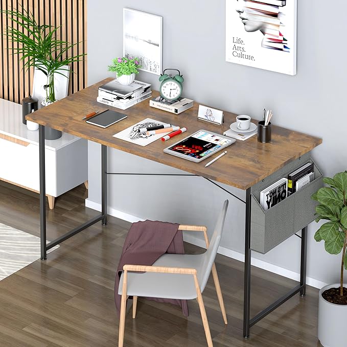 HealSmart Home Office Computer Desk, Modern Style Design with Headphone Hooks for Working, Writing and Gaming, 32 Inch, 40 Inches, Deep Brown - LeafyLoom