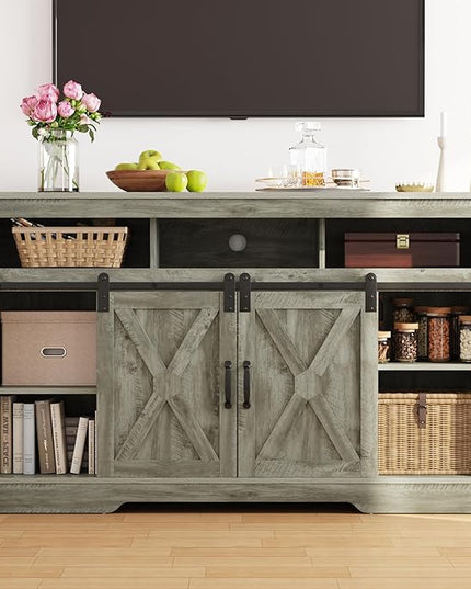 Farmhouse TV Stand for 23" Fireplace, 34'' Tall Entertainment Center for 65+ Inch TV, Rustic TV Console with Sliding Bar Door for Living Room (Light Grey) - LeafyLoom
