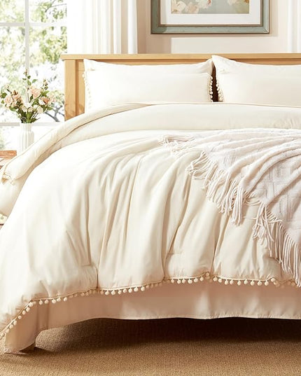 Anluoer Queen Comforter Set 7 Piece, Cream Bed in a Bag with Sheets, Pom Pom Boho Bedding Comforter Sets with 1 Comforter, 2 Pillow Shams, 2 Pillowcases, 1 Flat Sheet, 1 Fitted Sheet - LeafyLoom