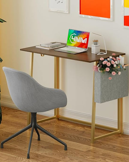 4NM 31.5" Small Desk with Storage Bag, Simple Assembly Folding Computer Desk Home Office Desk Study Writing Table for Small Space Offices - Brown and Golden - LeafyLoom