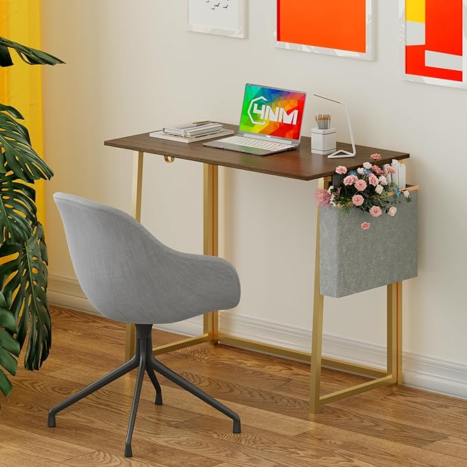 4NM 31.5" Small Desk with Storage Bag, Simple Assembly Folding Computer Desk Home Office Desk Study Writing Table for Small Space Offices - Brown and Golden - LeafyLoom