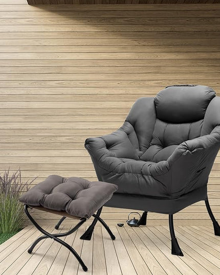 HollyHOME Fabric Lazy Chair with Foldable Ottoman, Accent Comfy Lounge Arm Chair and Folding Footrest Stool Set, Leisure Sofa Reading Chair and Footstool for Living Room, Bedroom, Dorm, Dark Grey - LeafyLoom