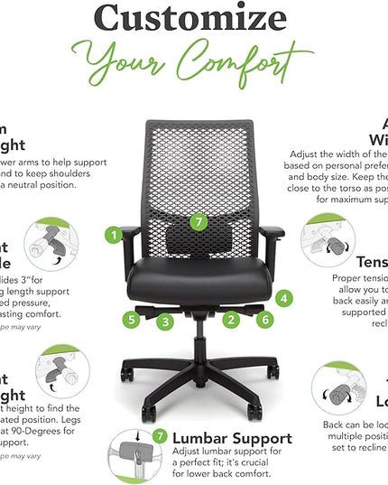 HON Ignition 2.0 ReActiv Office Chair Ergonomic Open Mesh-Style Back for High Airflow & Flex Support - Adjustable Lumbar, Synchro-Tilt Recline, Home Office Computer Desk Chair for Back Pain - Black - LeafyLoom