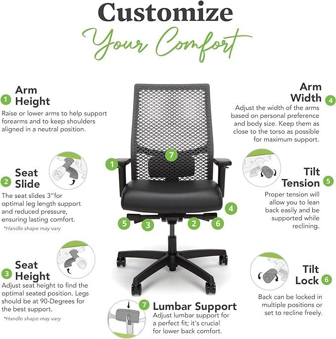 HON Ignition 2.0 ReActiv Office Chair Ergonomic Open Mesh-Style Back for High Airflow & Flex Support - Adjustable Lumbar, Synchro-Tilt Recline, Home Office Computer Desk Chair for Back Pain - Black - LeafyLoom